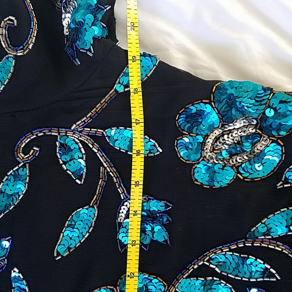 Vintage Sequin Black Silk top Blue flowers  80's 90s Stenay disco date night - Picture 5 of 7